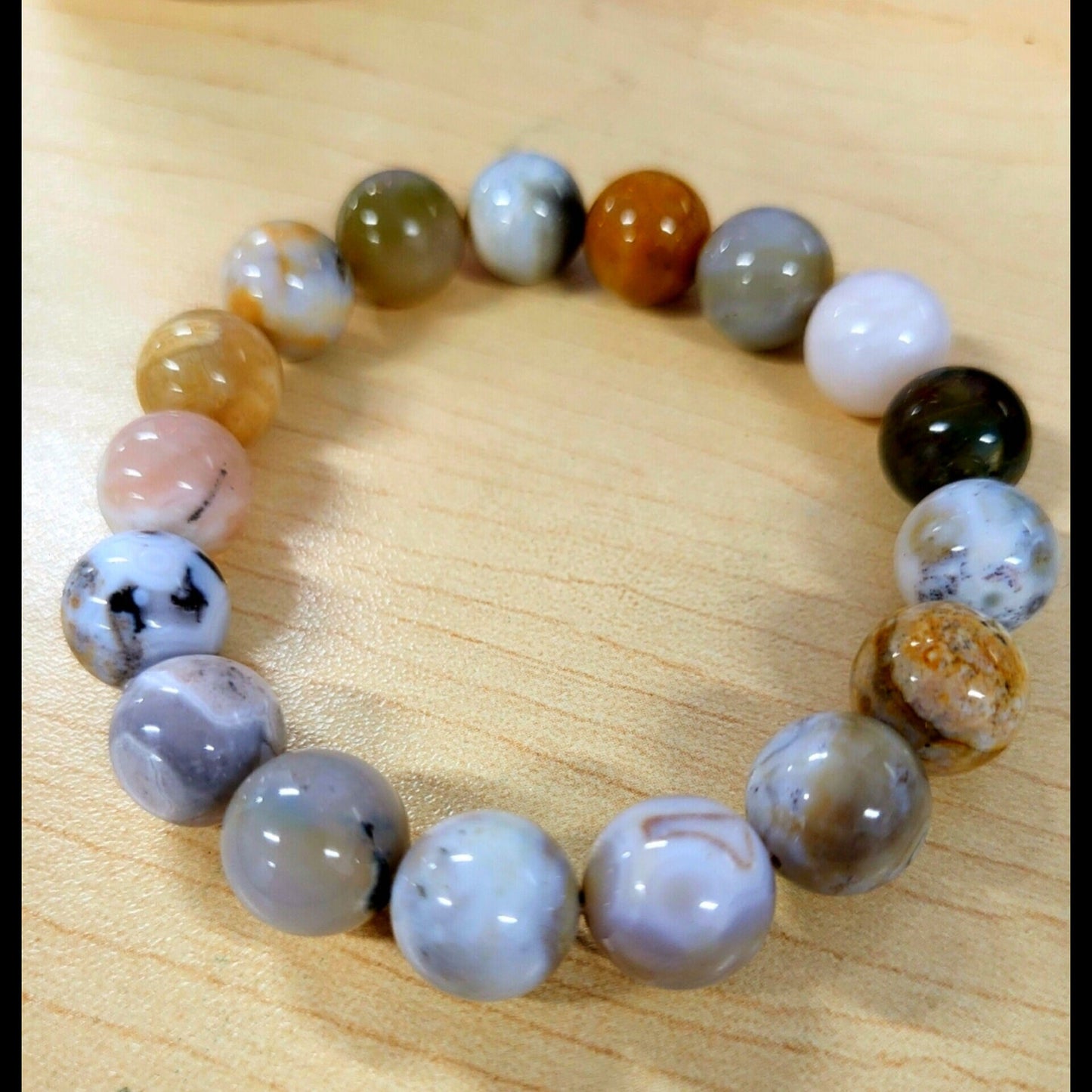 Spectacular, Rare Pastel 12mm Ocean Jasper Bead Bracelet