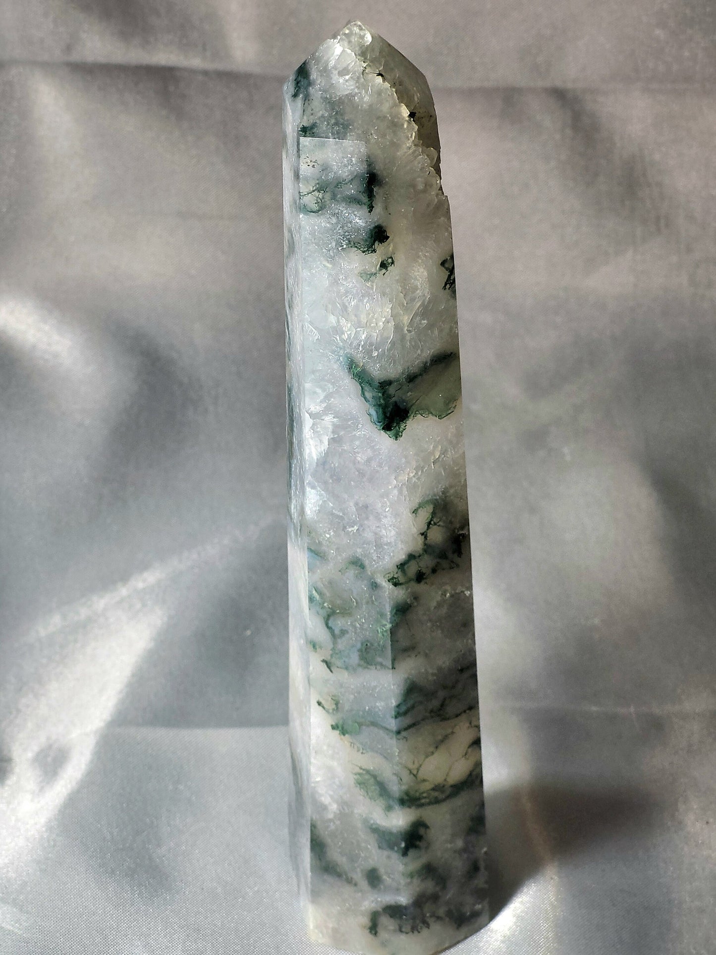 Majestic 8-Inch Moss Agate Tower with Sparkling Druzy | Crystal Tower