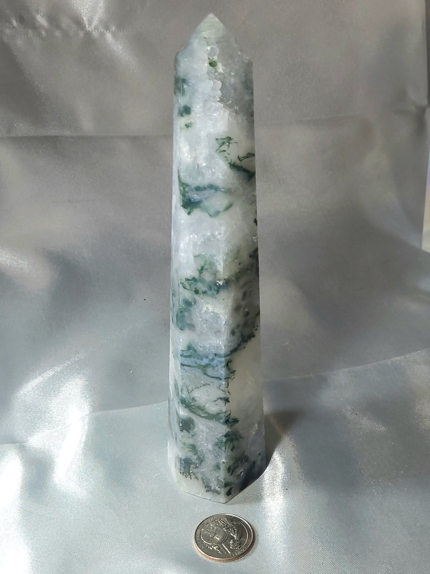 Majestic 8-Inch Moss Agate Tower with Sparkling Druzy | Crystal Tower