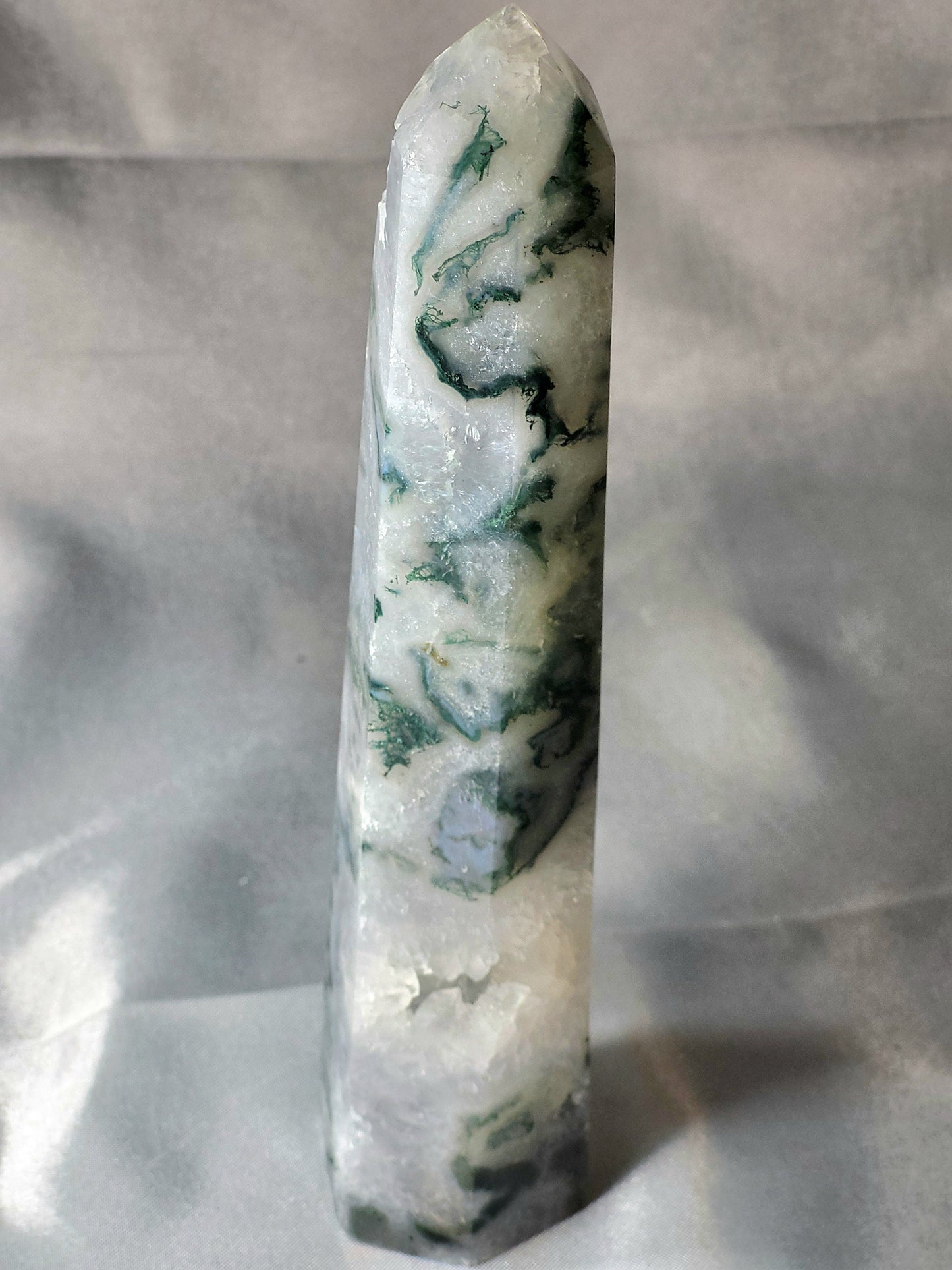 Majestic 8-Inch Moss Agate Tower with Sparkling Druzy | Crystal Tower