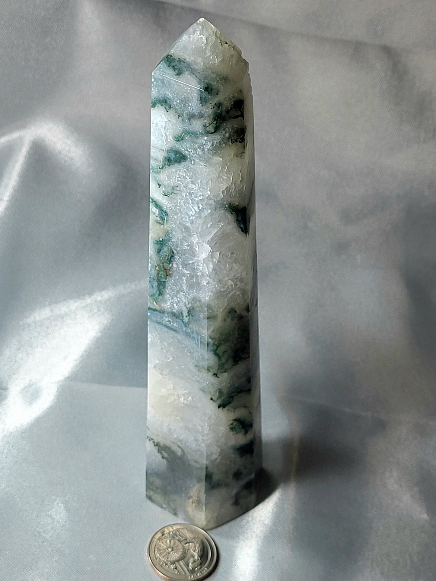 Majestic 8-Inch Moss Agate Tower with Sparkling Druzy | Crystal Tower