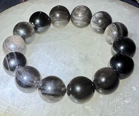 Unlock Your Inner Vision: 13mm Cat's Eye Silver Obsidian Bracelet