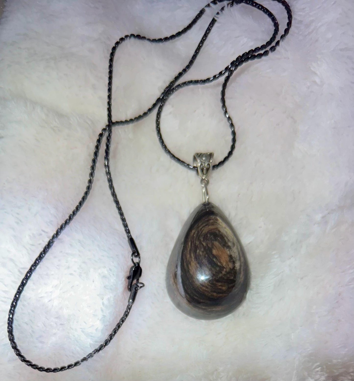 Exquisite Show Stopper! Black Petrified Wood Jasper Teardrop Pendant with Black Sterling Silver Chain