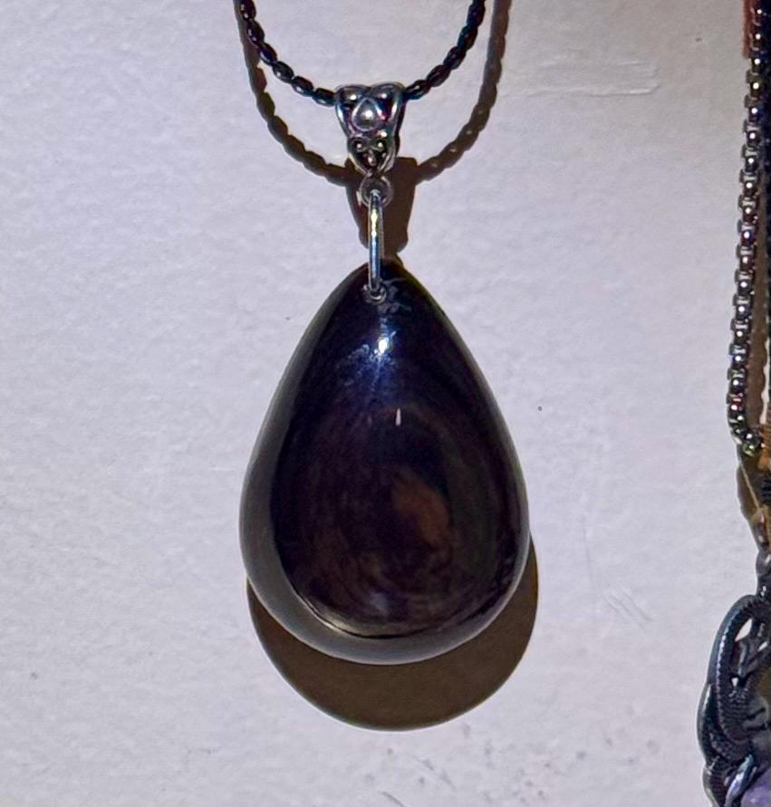 Exquisite Show Stopper! Black Petrified Wood Jasper Teardrop Pendant with Black Sterling Silver Chain