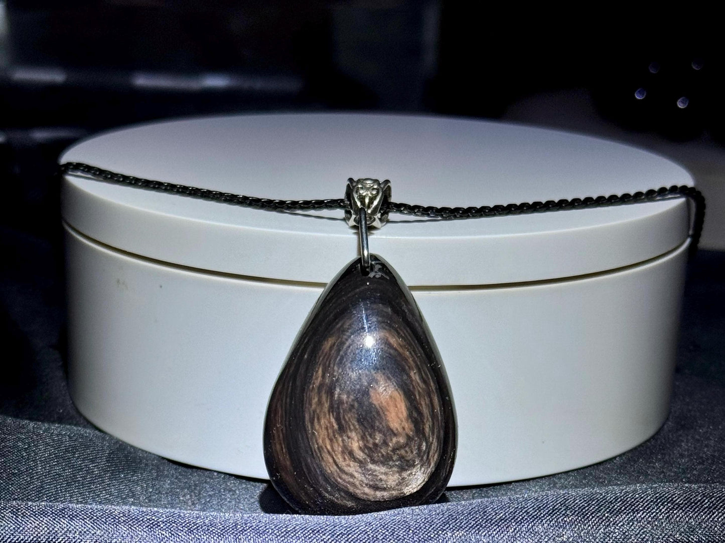 Exquisite Show Stopper! Black Petrified Wood Jasper Teardrop Pendant with Black Sterling Silver Chain