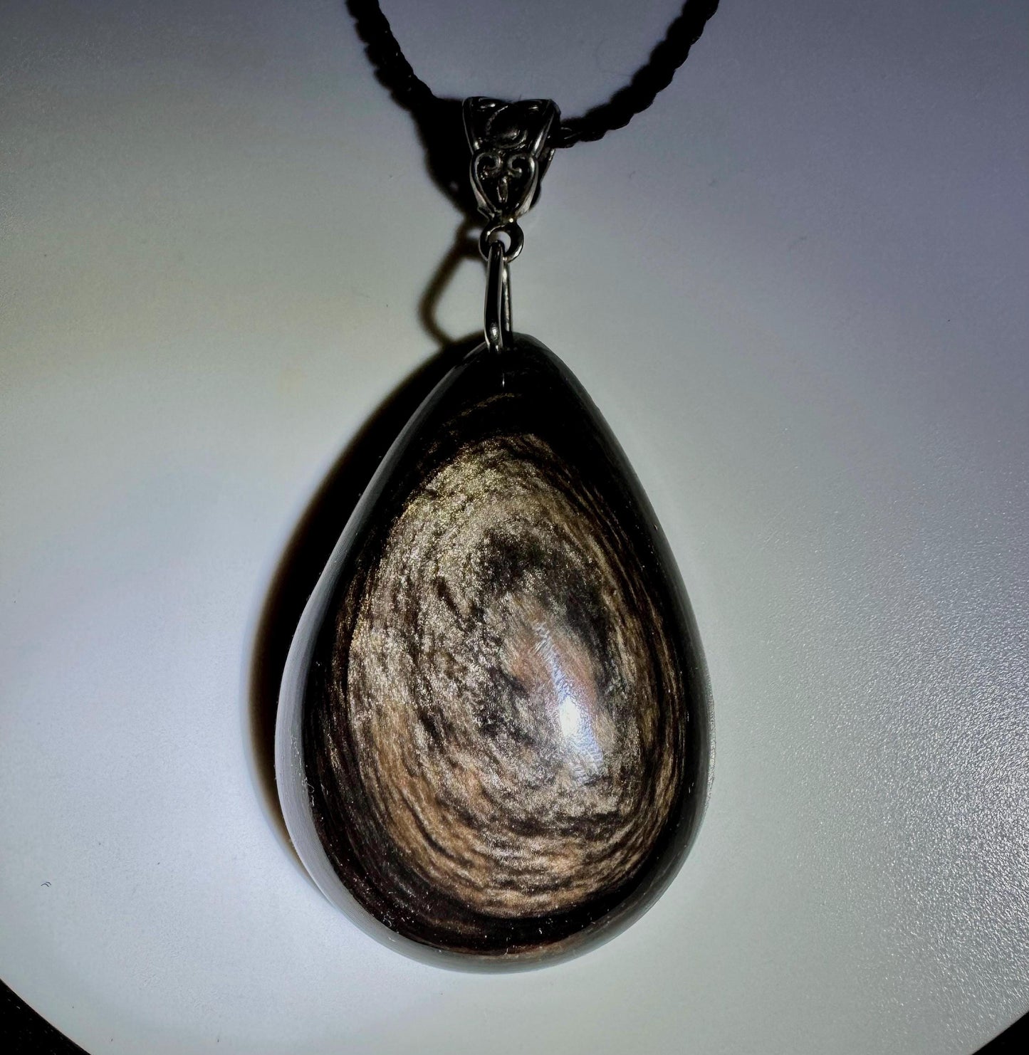 Exquisite Show Stopper! Black Petrified Wood Jasper Teardrop Pendant with Black Sterling Silver Chain