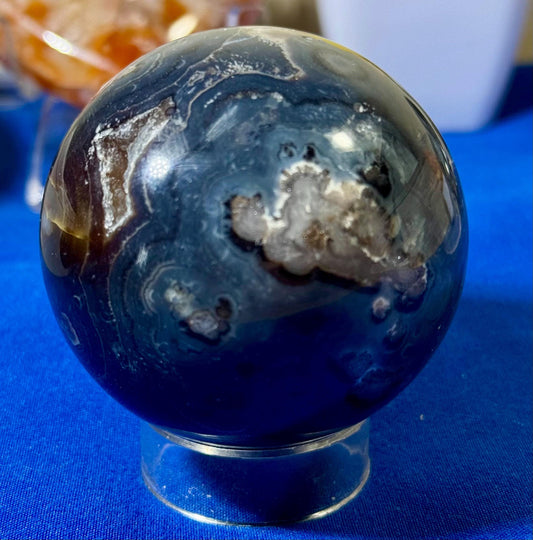 Extremely Rare A+ Quality blue Plume Agate Sphere with Chalcedony and Quartz inclusions – 223g with Free Red Jasper Heart