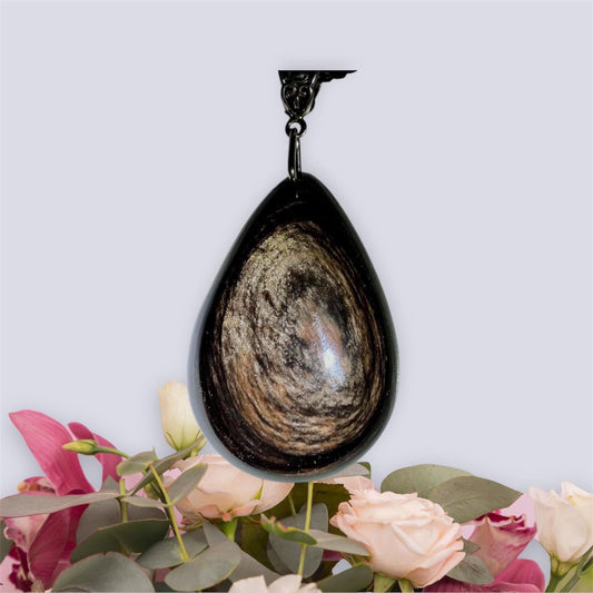 Exquisite Show Stopper! Black Petrified Wood Jasper Teardrop Pendant with Black Sterling Silver Chain