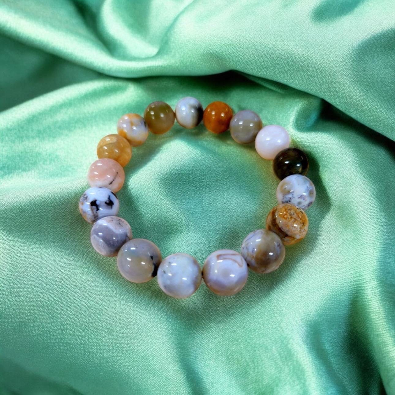 Spectacular, Rare Pastel 12mm Ocean Jasper Bead Bracelet