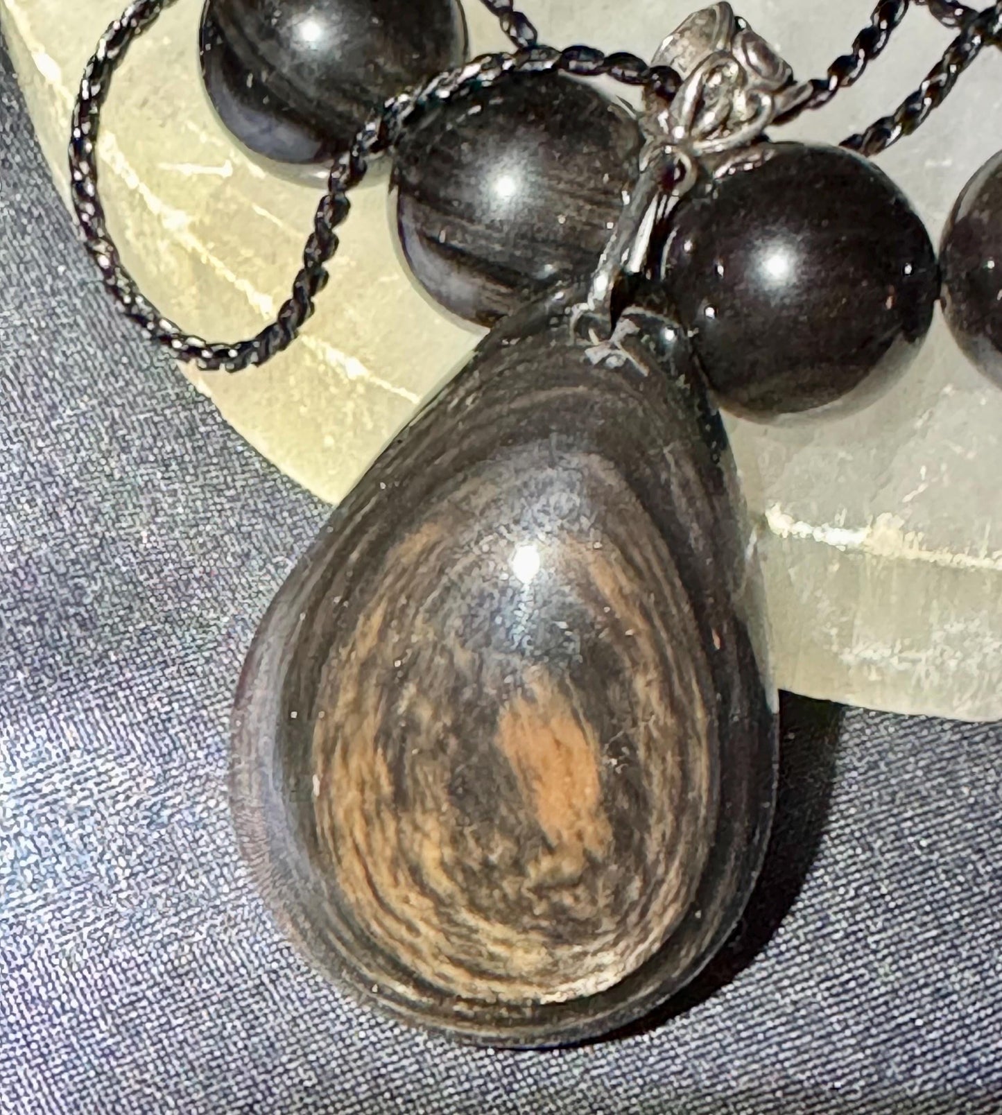 Exquisite Show Stopper! Black Petrified Wood Jasper Teardrop Pendant with Black Sterling Silver Chain