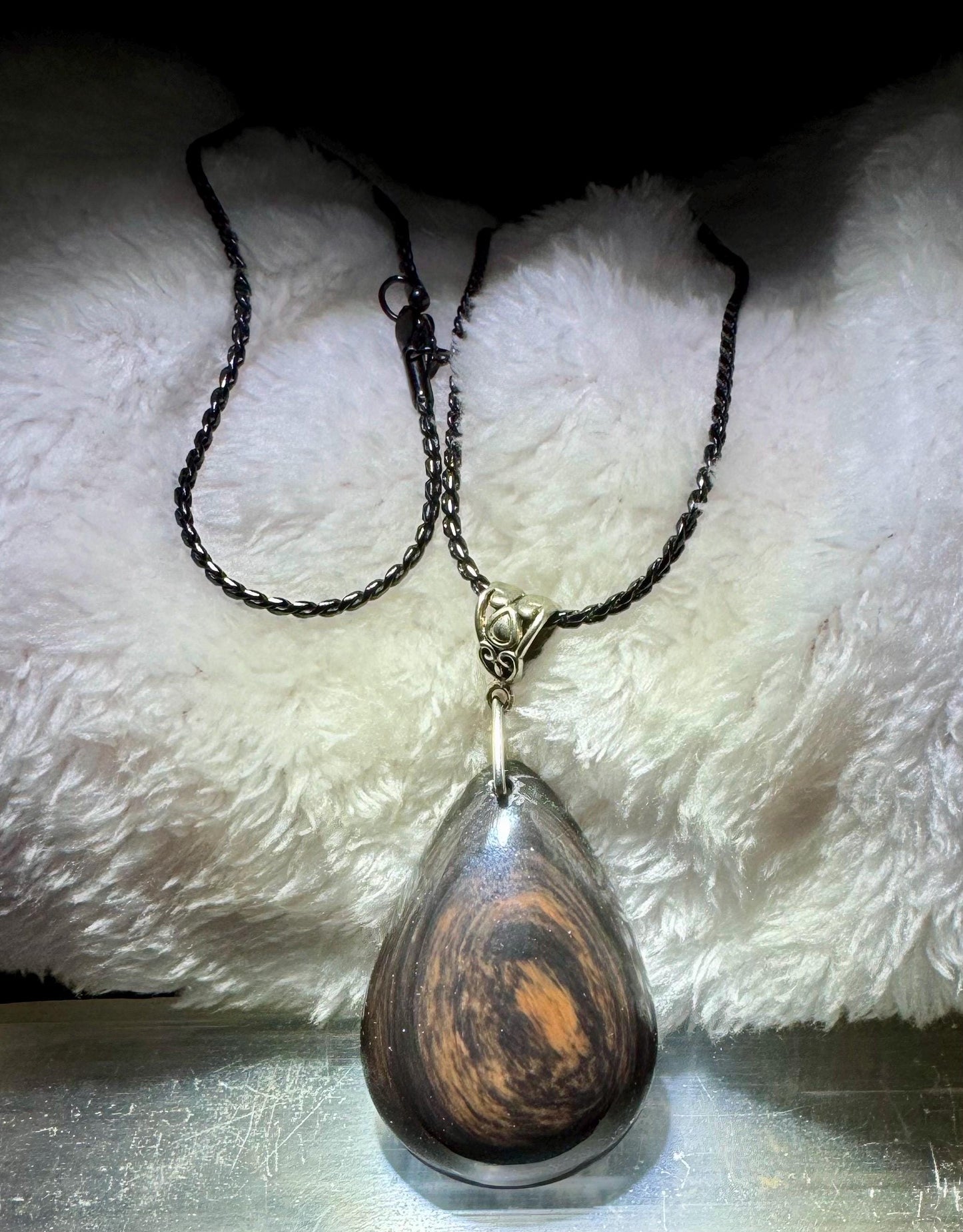 Exquisite Show Stopper! Black Petrified Wood Jasper Teardrop Pendant with Black Sterling Silver Chain