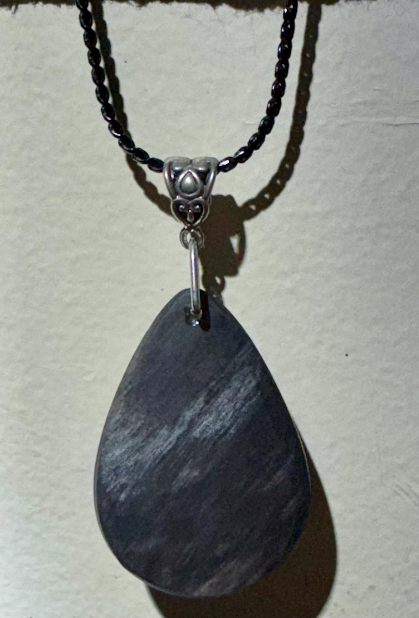 Exquisite Show Stopper! Black Petrified Wood Jasper Teardrop Pendant with Black Sterling Silver Chain