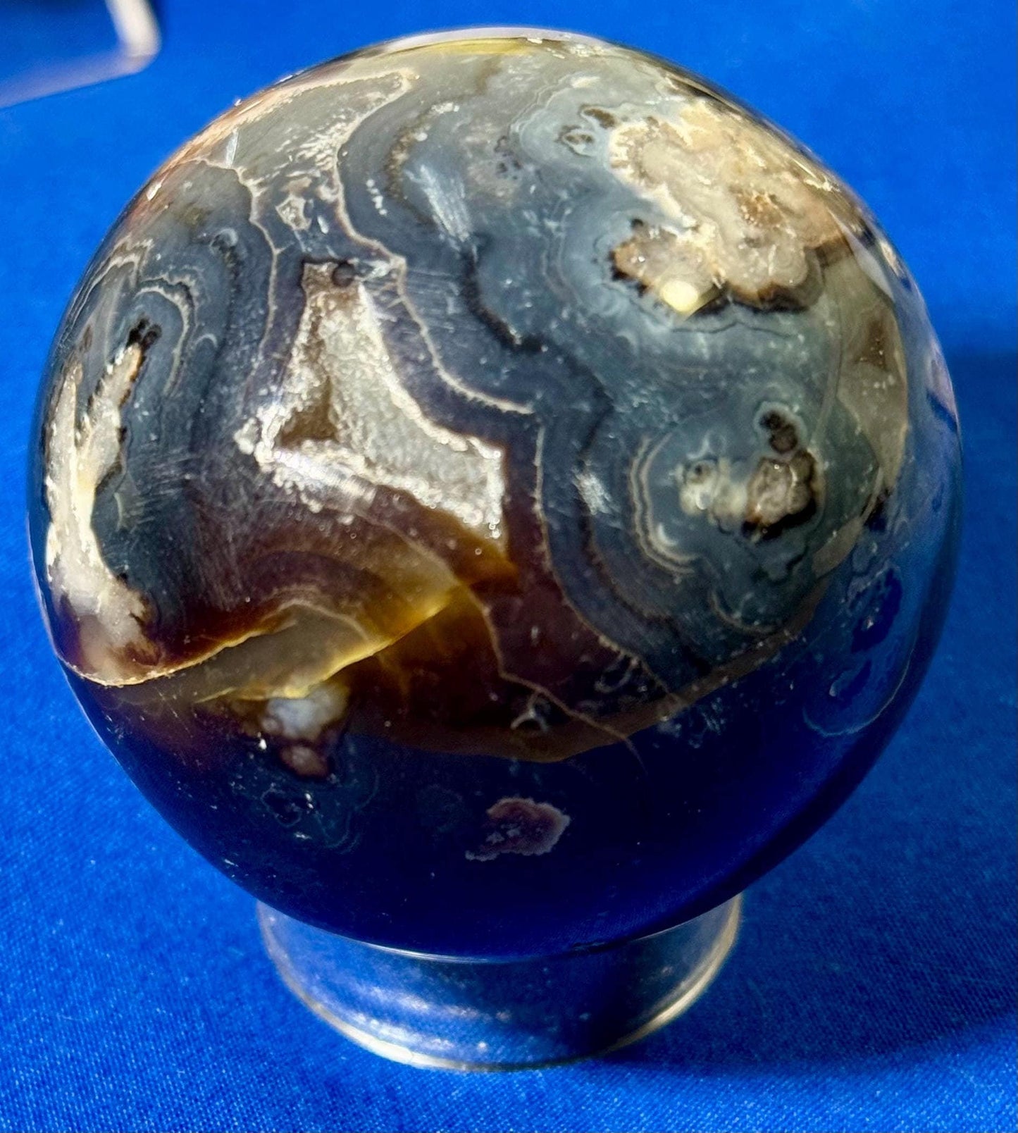 Extremely Rare A+ Quality blue Plume Agate Sphere with Chalcedony and Quartz inclusions – 223g with Free Red Jasper Heart