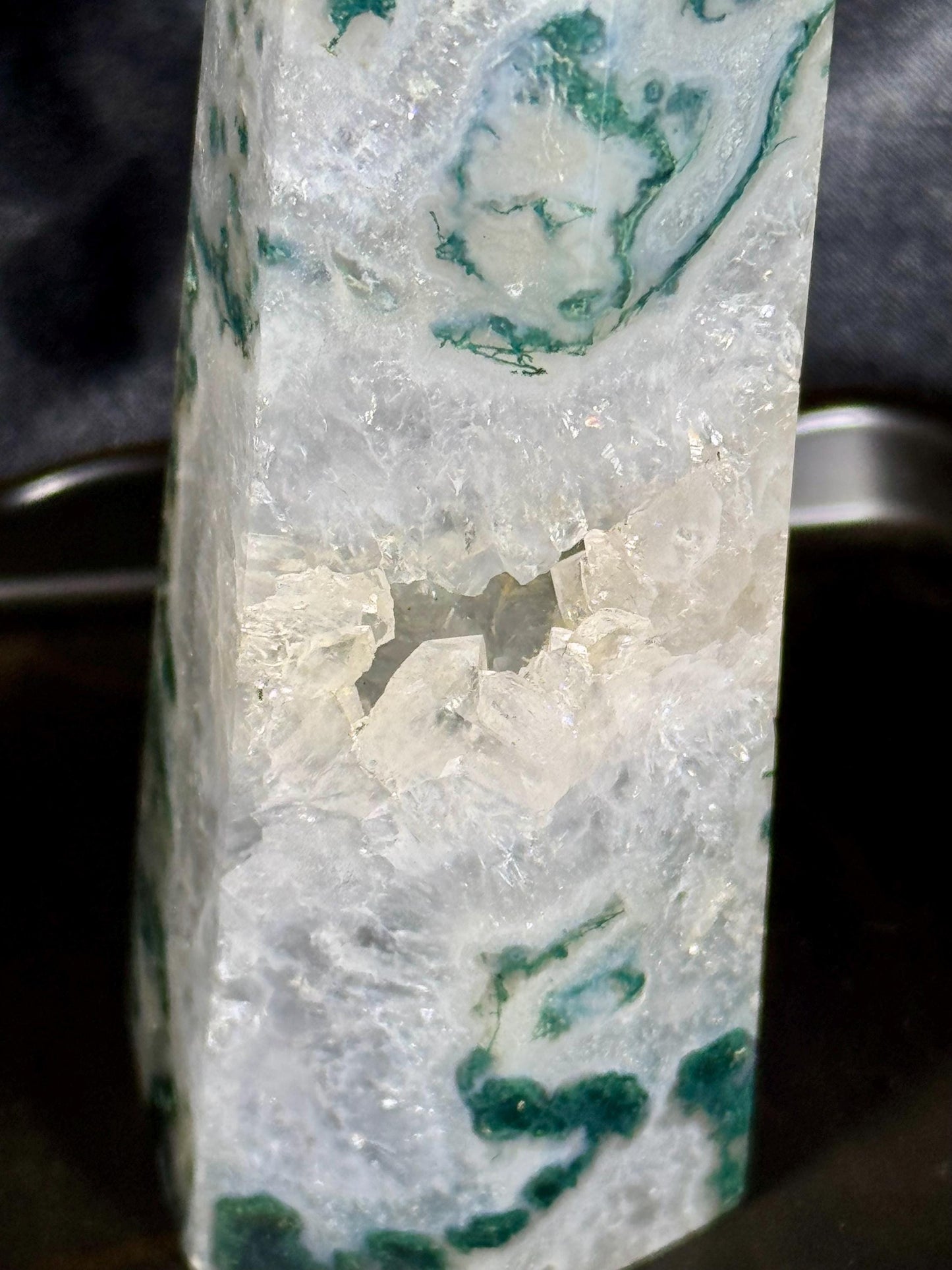 Majestic 8-Inch Moss Agate Tower with Sparkling Druzy | Crystal Tower