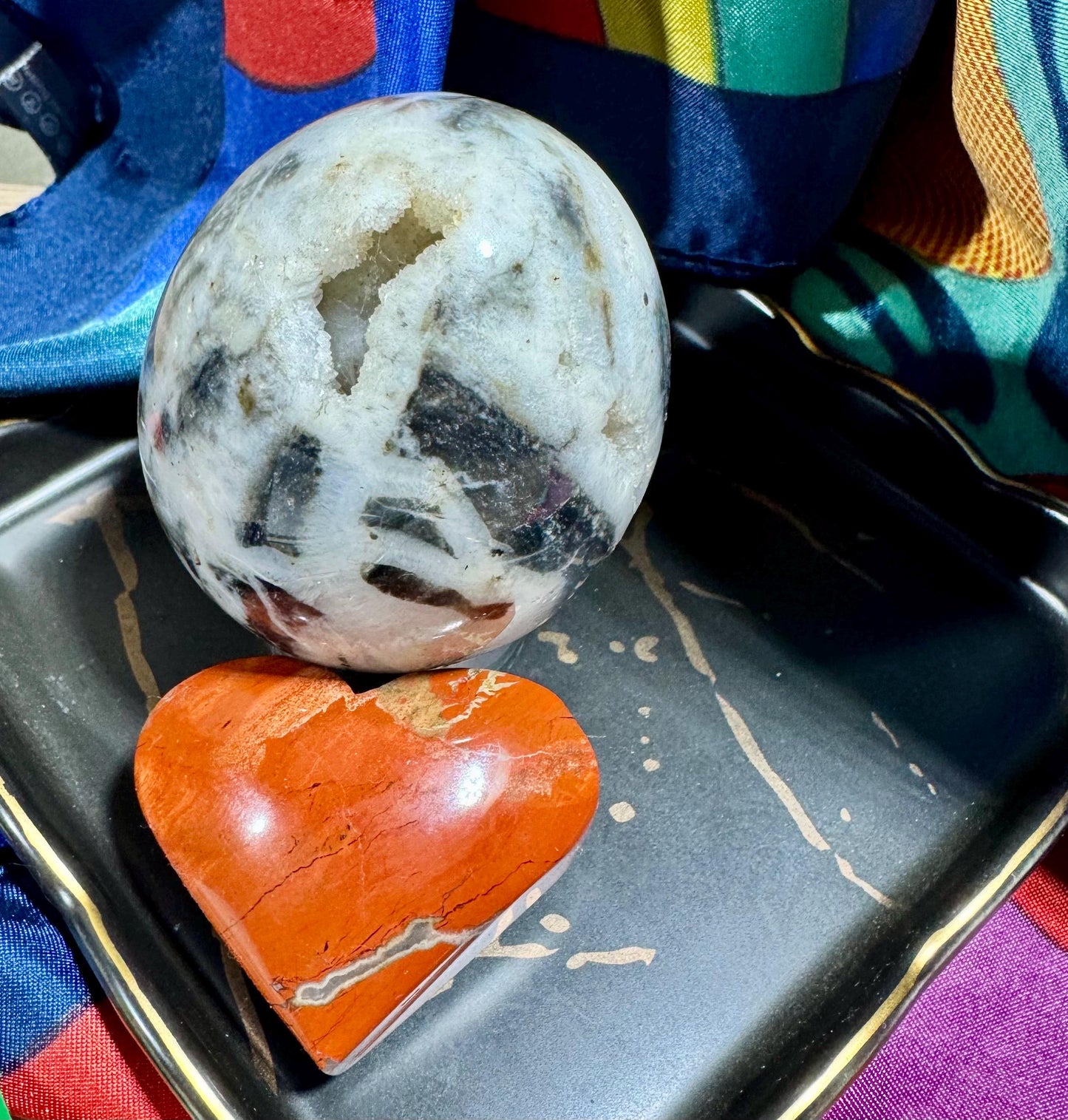 Gorgeous, Druzy White Calcite with Sphalerite inclusion with Free Red Jasper Heart