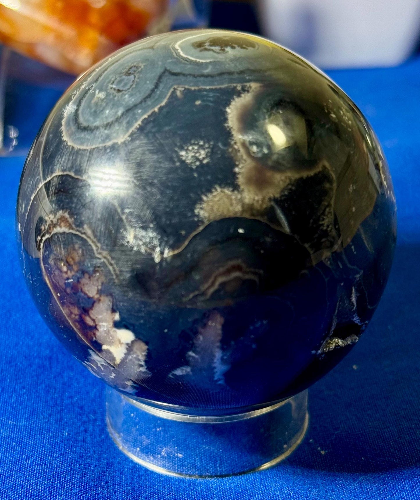 Extremely Rare A+ Quality blue Plume Agate Sphere with Chalcedony and Quartz inclusions – 223g with Free Red Jasper Heart