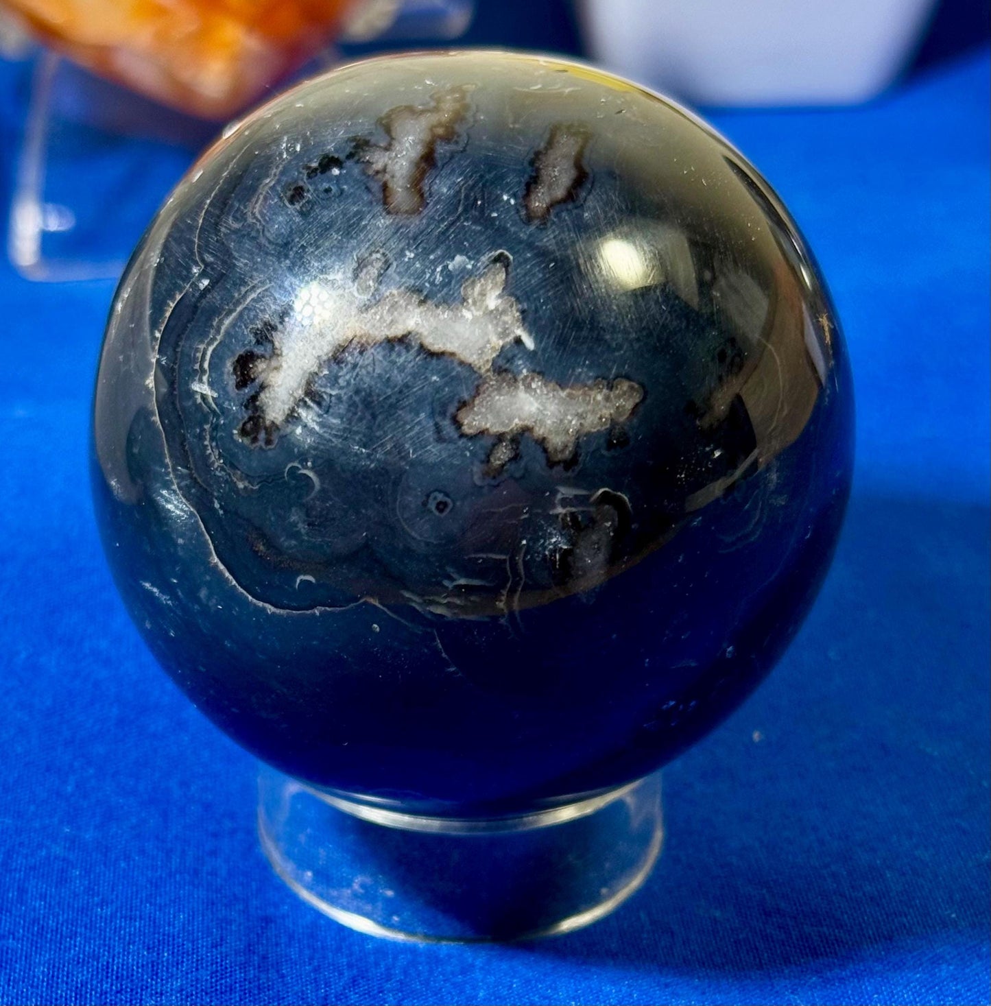 Extremely Rare A+ Quality blue Plume Agate Sphere with Chalcedony and Quartz inclusions – 223g with Free Red Jasper Heart