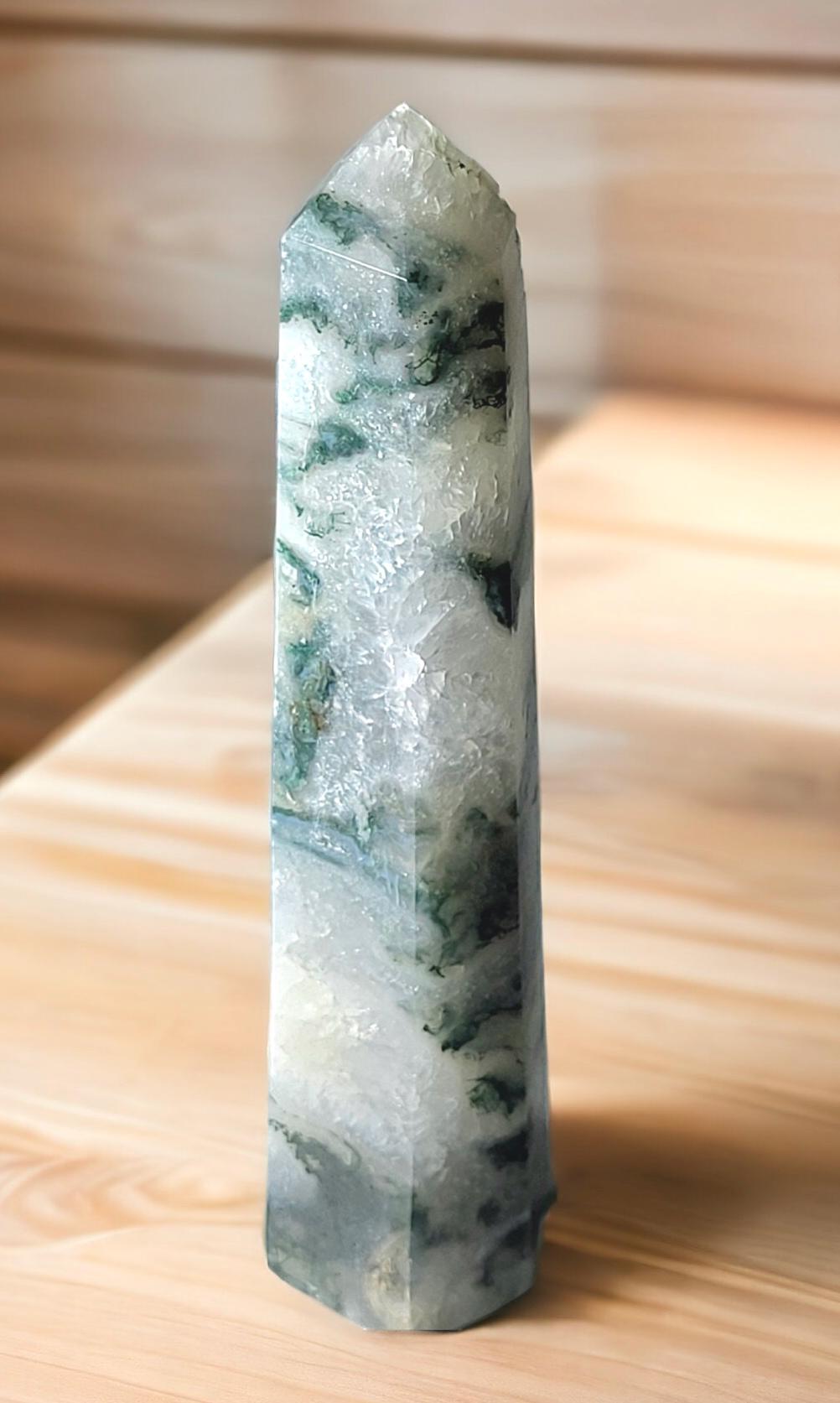 Majestic 8-Inch Moss Agate Tower with Sparkling Druzy | Crystal Tower