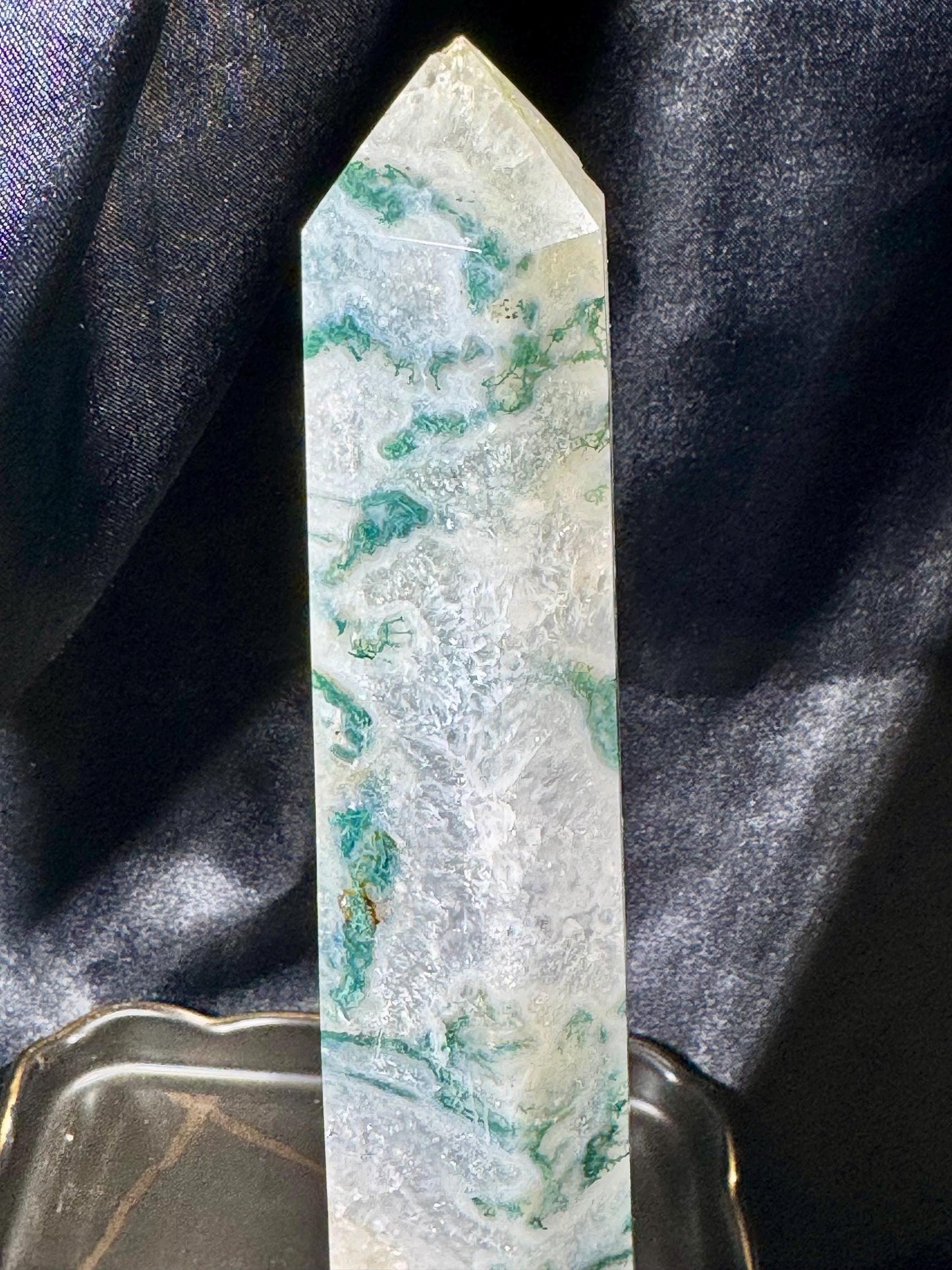 Majestic 8-Inch Moss Agate Tower with Sparkling Druzy | Crystal Tower