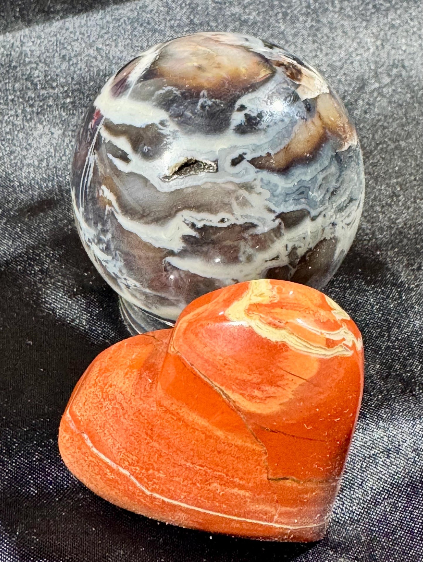 Black Palm Jasper Sphere – 140g | Free Red Jasper Heart