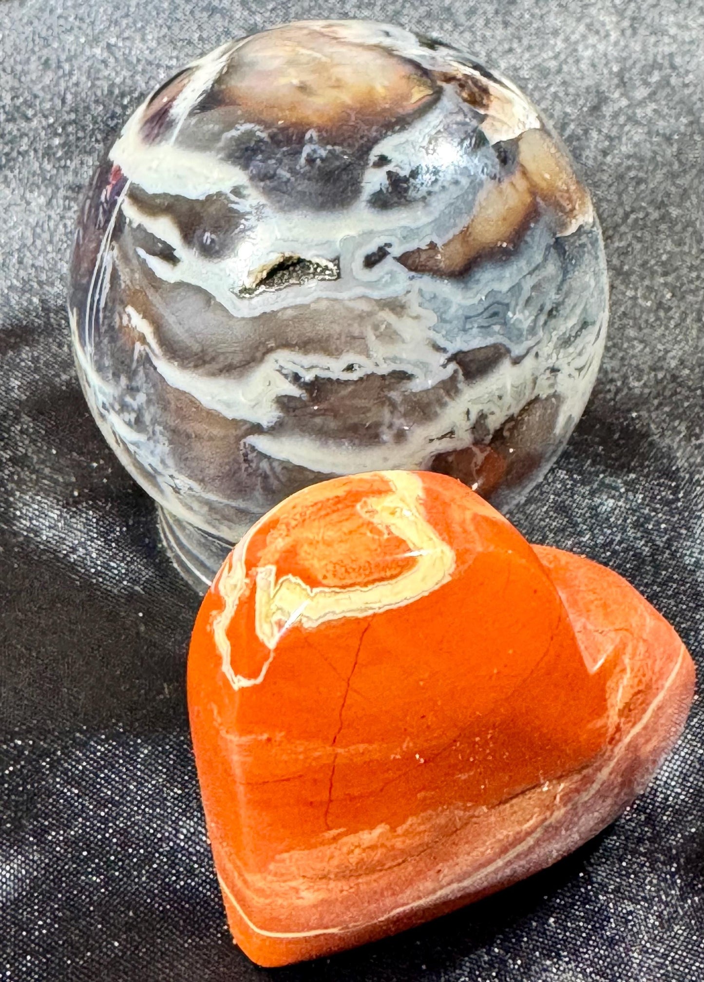 Black Palm Jasper Sphere – 140g | Free Red Jasper Heart