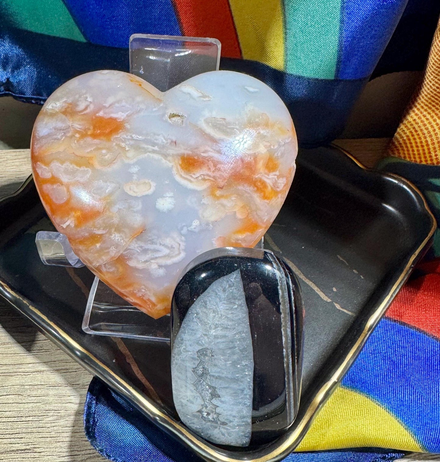 Flower Agate Heart | Radiant Blooming Energy with Free Black Agate palm stone