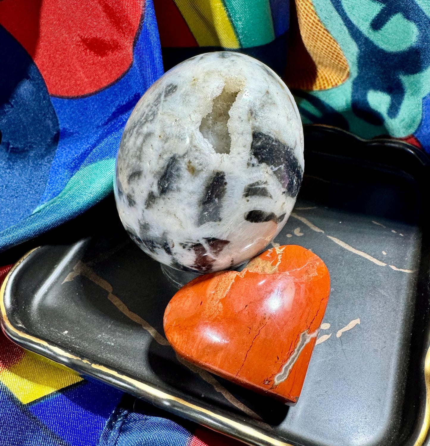 Gorgeous, Druzy White Calcite with Sphalerite inclusion with Free Red Jasper Heart