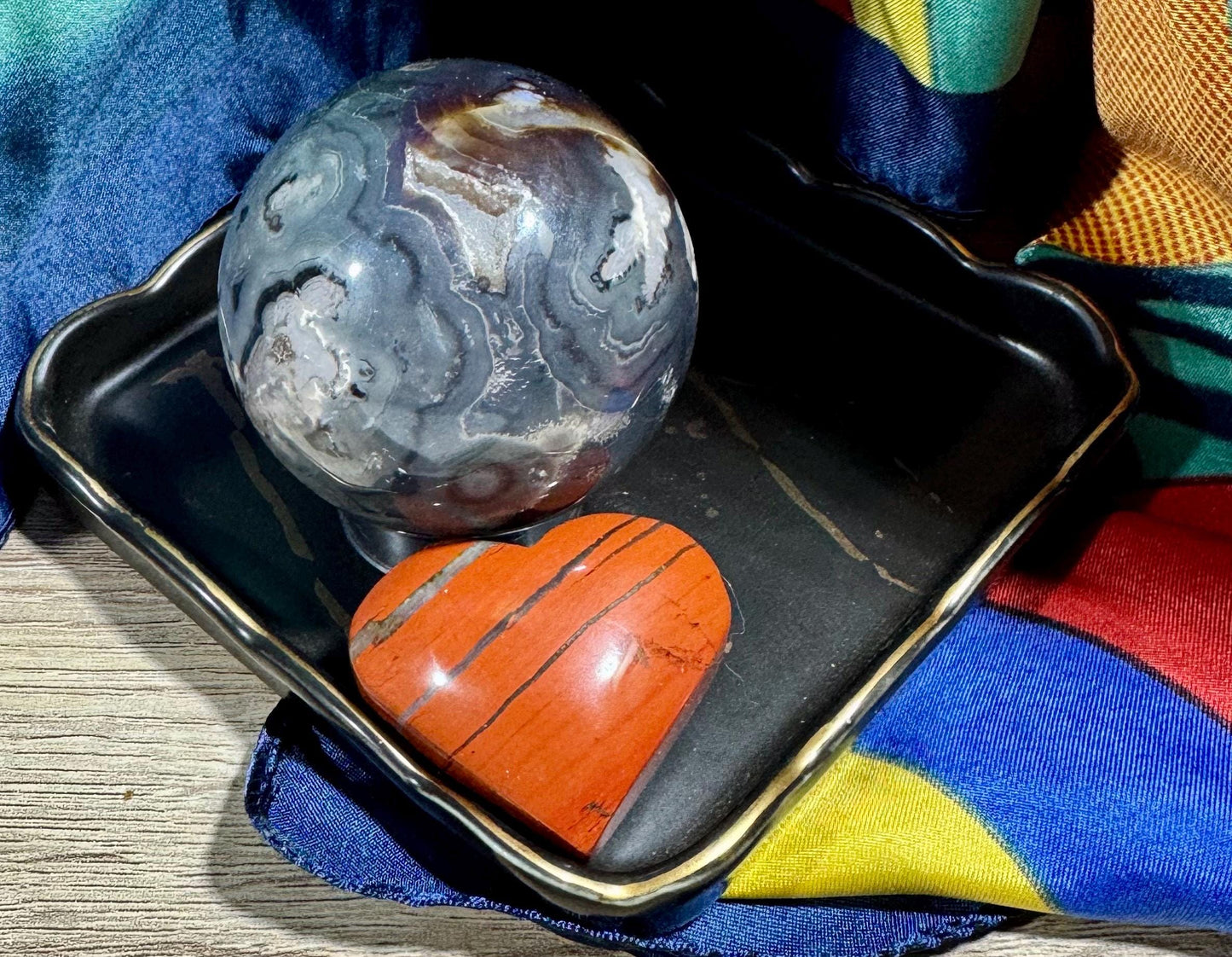 Extremely Rare A+ Quality blue Plume Agate Sphere with Chalcedony and Quartz inclusions – 223g with Free Red Jasper Heart