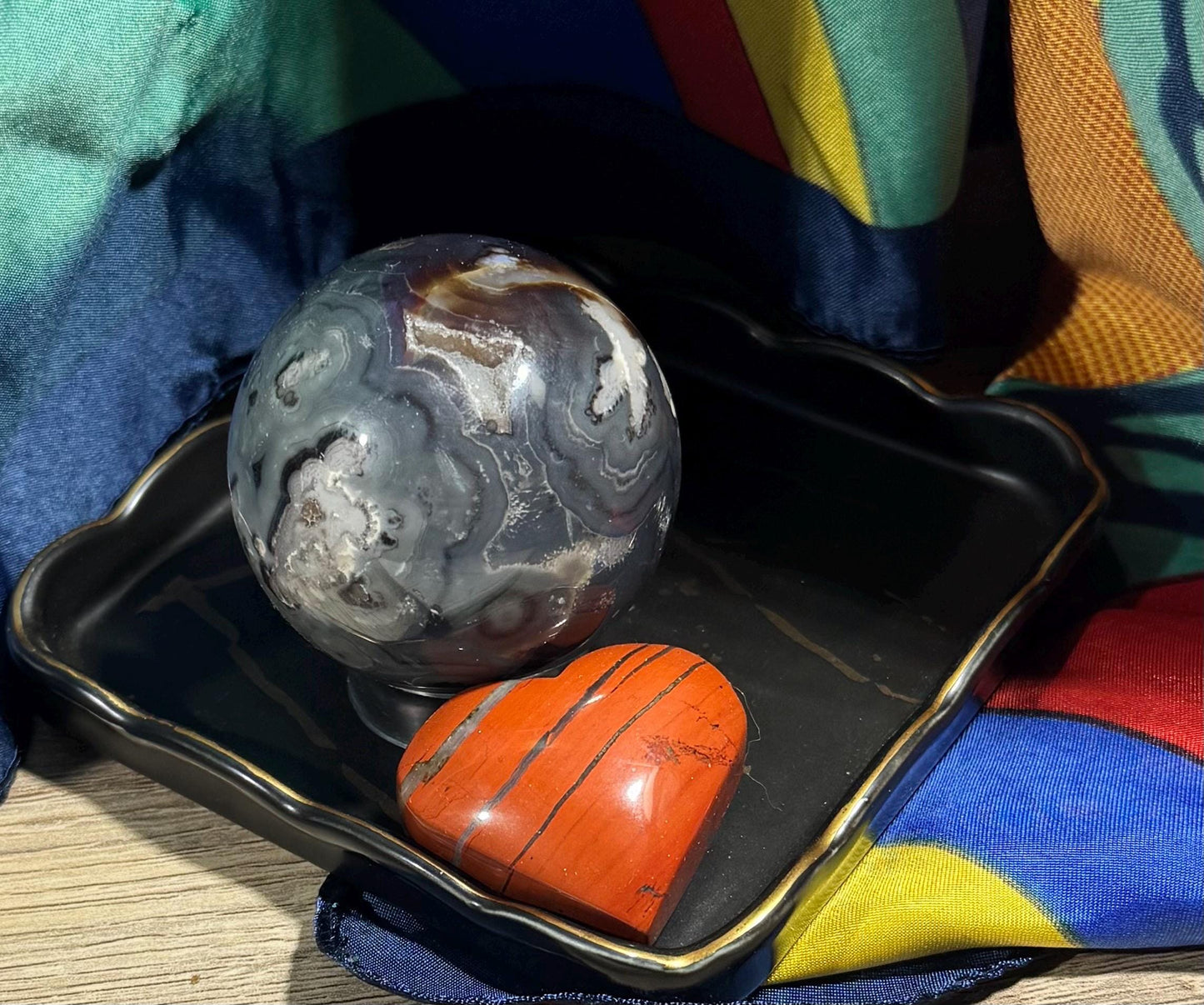 Extremely Rare A+ Quality blue Plume Agate Sphere with Chalcedony and Quartz inclusions – 223g with Free Red Jasper Heart